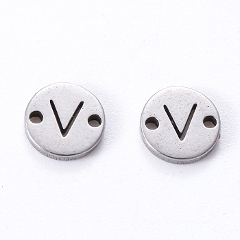 201 Stainless Steel Links, Laser Cut, Flat Round with Letter, Letter.V, 6x6x1mm, Hole: 0.8mm