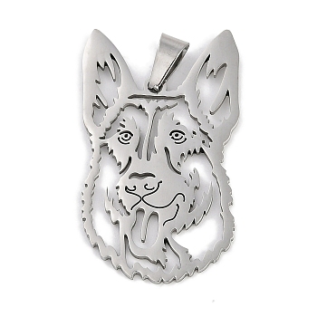 304 Stainless Steel Pendants, Laser Cut, Shepherd Dog Charm, Stainless Steel Color, 45x26.5x1.5mm, Hole: 9x5mm