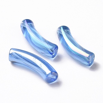 UV Plating Transparent Rainbow Iridescent Acrylic Beads, Curved Tube, Dodger Blue, 32~33x10x8mm, Hole: 1.6mm