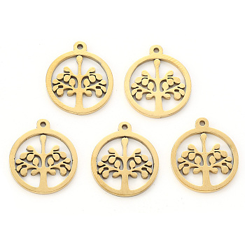 Vacuum Plating 304 Stainless Steel Pendants, Laser Cut, Round Ring with Tree, Golden, 17x15x1mm, Hole: 1.2mm