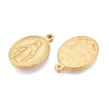 Ion Plating(IP) 304 Stainless Steel Pendants, Oval with Saint Charm, Religion, Real 18K Gold Plated, 19x13x2.5mm, Hole: 1.4mm