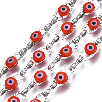 304 Stainless Steel Textured Oval Cable Chains, with Enamel Evil Eye Beads, with Spool, Unwelded, Stainless Steel Color, FireBrick, 11x5.5x3mm, 7.5x3x1mm, about 32.81 Feet(10m)/Roll