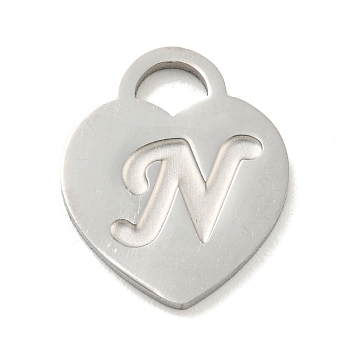 Non-Tarnish 304 Stainless Steel Pendants, Laser Cut, Heart with Letter Charm, Stainless Steel Color, Letter N, 15x12x1mm, Hole: 3x3.5mm