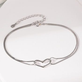 Anti-Tarnish S925 Sterling Silver Double Layer Heart Shape Link Bracelet, Minimalist Design, Platinum, 7-1/8 inch(18cm)