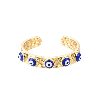 Real 18K Gold Plated Brass Open Cuff Ring with Enamel Evil Eye for Women, Nickel Free, Medium Blue, US Size 8(18.1mm)