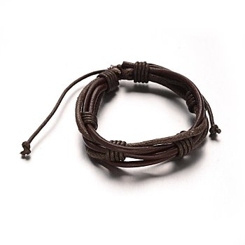 Adjustable Leather Cord Braided Multi-Strand Bracelets, with Waxed Cord, Coconut Brown, 54mm, 15x19mm