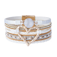 Imitation Leather Multi-Starnd Bracelets, Bohemia Style Rhinestone and Druzy Crystal, Link Bracelet for Women, White, 7-5/8 inch(19.5cm), 30mm(BOHO-PW0001-039B)