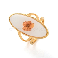 304 Stainless Steel Open Cuff Rings, Plastic and Dried Flower Ring for Women, Golden, Oval, Adjustable(RJEW-F158-05G-01)