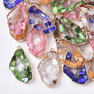 Resin Pendants, Imitation Geode, with Shell and Edge Light Gold Plated Iron Loops, Nuggets, Mixed Color, 39x20x5mm, Hole: 1.8mm(X-RESI-S383-023)
