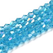 Transparent Electroplate Glass Beads Strands, AB Color Plated, Faceted, Bicone, Deep Sky Blue, 4x4mm, Hole: 0.8mm, about 87~98pcs/strand, 12.76~14.61 inch(32.4~37.1cm)(GLAA-F029-4mm-A19)