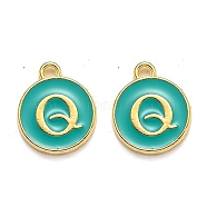 Golden Plated Alloy Enamel Charms, Enamelled Sequins, Flat Round with Alphabet, Letter.Q, Green, 14x12x2mm, Hole: 1.5mm(X-ENAM-Q437-15Q)