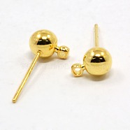 Brass Ball Post Ear Studs, with Loop & 304 Stainless Steel Pins, Golden, 15.2~15.7x5mm, Hole: 1mm, Pin: 0.7mm(X-EC254-G)