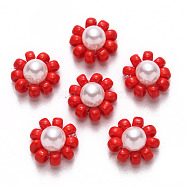 Glass Seed Beads Charms, with ABS Plastic Imitation Pearl and Golden Tone Brass Findings, Flower, Red, 10x5mm(FIND-R086-05I)