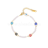 Stainless Steel Enamel Evil Eye Link Chain Bracelets for Women, with Plastic Imitation Pearl Beads, Golden, Colorful, 6-1/4 inch(16cm)(CI4530-4)
