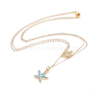 Double Layer Necklaces, with Brass Cable Chains, 304 Stainless Steel Lobster Claw Clasps, Alloy Enamel Pendants and Brass Cubic Zirconia Beads, Starfish/Sea Stars & Conch Shell Shape, with Cardboard Box, Light Sky Blue, 15.75 inch(40cm)(NJEW-JN02643-02)