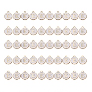 Golden Plated Alloy Charms, with Enamel, Enamelled Sequins, Flat Round, White, Letter.E, 14x12x2mm, Hole: 1.5mm, 50pcs/Box(ENAM-SZ0001-25A-E)