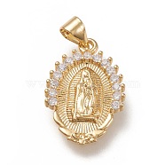 Brass Pendants, with Clear Cubic Zirconia, Oval with Holy Virgin, Clear, Real 18K Gold Plated,  22x14.5x2mm, Hole: 5x3mm(ZIRC-L099-041G)