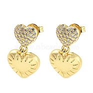 Rack Plating Brass Heart Dangle Stud Earrings, with Clear Cubic Zirconia, Long-Lasting Plated, Lead Free & Cadmium Free, Real 18K Gold Plated, 18x10.5mm(EJEW-A028-17G)