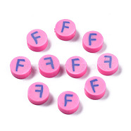 Handmade Polymer Clay Beads, Flat Round with Alphabet, Hot Pink, Letter.F, 9x3.5~5mm, Hole: 1.6mm(CLAY-N011-031F)