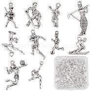 60Pcs 10 Style Tibetan Style Alloy Pendants, Volleyball Player & Hockey Player & Gymnast, Antique Silver, 16~31x11.5~26x2~6mm, Hole: 1~2mm, 6pcs/style(FIND-SC0003-69)
