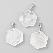 Faceted Natural Quartz Crystal Pendants, Rock Crystal Pendants, with Platinum Tone Brass Findings, Hexagon, 28x25x9mm, Hole: 4x5mm(G-F340-03D)