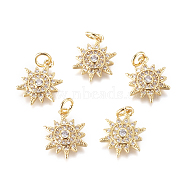 Brass Micro Pave Cubic Zirconia Charms, with Jump Rings, Sun, Clear, Golden, 14x10.8x2mm, Jump Rings: 4.5mm(KK-D159-04G)