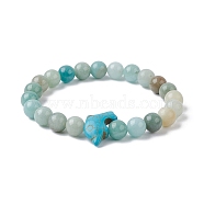 Natural Flower Amazonite & Synthetic Turquoise Dolphin Beaded Stretch Bracelets, Inner Diameter: 2-1/4 inch(5.8cm)(BJEW-JB09826-03)