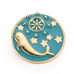 Alloy Enamel Brooches, Enamel Pins, with Brass Butterfly Clutches, Flat Round with Whale Shape, Cadmium Free & Nickel Free & Lead Free, Light Gold, Dark Turquoise, 1-1/8 inch(30mm), Pin: 1mm(JEWB-S011-088-NR)