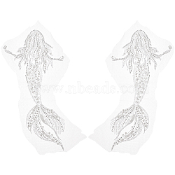 2Pcs Mermaid Computerized Embroidery Cloth Sew On Sequins Patches, Beaded Appliques, Stick On Patch, with Crystal Rhinestones and Imitation Pearl, Costume Accessories, White, 290x145x4mm(PATC-BC0001-01)