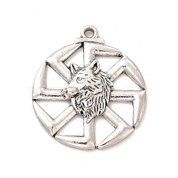 Tibetan Style Alloy Pendants, Kolovrat with Wolf Charm, Antique Silver, 40.5x34.5x4mm, Hole: 2.3mm(PALLOY-B008-08AS)