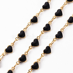 Handmade Brass Link Chains, with Enamel, Soldered, Spool, Heart, Real 18K Gold Plated, 3.8x2.2x0.3mm and 4x8.7x1.5mm, about 16.4 Feet(5m)/roll(CHC-S012-070)