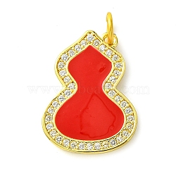 Rack Plating Brass Micro Pave Clear Cubic Zirconia Pendants, with Enamel, Long-Lasting Plated, Lead Free & Cadmium Free, Real 18K Gold Plated, Gourd, with Jump Ring, Red, 19x14.5x1.5mm, Hole: 3mm(KK-G501-14G-01)