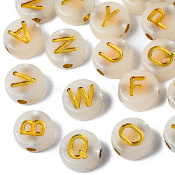 Luminous Acrylic Beads, Glow in the Dark, Metal Enlaced, Horizontal Hole, Flat Round with  Mixed Letter, Golden Plated, 10x4.5mm, Hole: 2mm, about 867pcs/271g(MACR-S273-67B)