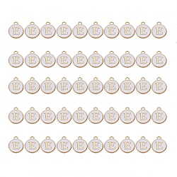 Golden Plated Alloy Charms, with Enamel, Enamelled Sequins, Flat Round, White, Letter.E, 14x12x2mm, Hole: 1.5mm, 50pcs/Box(ENAM-SZ0001-25A-E)