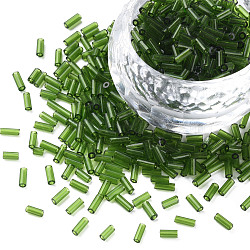 Transparent Glass Bugle Beads, Round Hole, Dark Green, 3~8x2mm, Hole: 0.7mm, about 450g/pound(SEED-N005-001-C05)