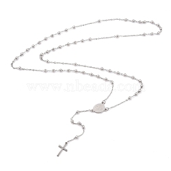 304 Stainless Steel Rosary Bead Necklaces For Religion, with Oval with Virgin Mary Link and Cross Pendants, Stainless Steel Color, 62~63cm(X-STAS-B021-02P)
