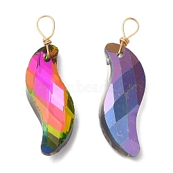 Glass Pendants, with Light Gold Brass Loops, Faceted, Twist Charms, Colorful, 34.5~35x9.5x7mm, Hole: 4.2~5.2x2.2~3.8mm(KK-Q777-12LG)