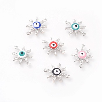 Brass Enamel Links connectors, Sun with Evil Eye, Platinum, Mixed Color, 18x14x3mm, Hole: 1mm
