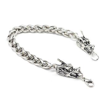 Iron Wheat Chain Bracelets, with Alloy Dragon Findings and Lobster Claw Clasps, Antique Silver, 9 inch(23cm), 8mm