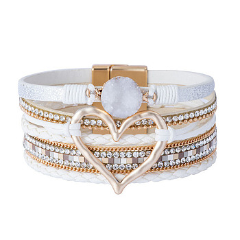 Imitation Leather Multi-Starnd Bracelets, Bohemia Style Rhinestone and Druzy Crystal, Link Bracelet for Women, White, 7-5/8 inch(19.5cm), 30mm