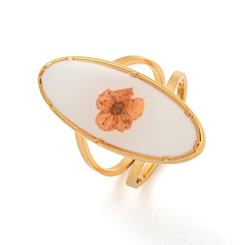 304 Stainless Steel Open Cuff Rings, Plastic and Dried Flower Ring for Women, Golden, Oval, Adjustable