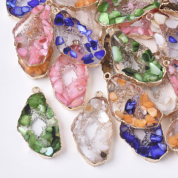 Resin Pendants, Imitation Geode, with Shell and Edge Light Gold Plated Iron Loops, Nuggets, Mixed Color, 39x20x5mm, Hole: 1.8mm