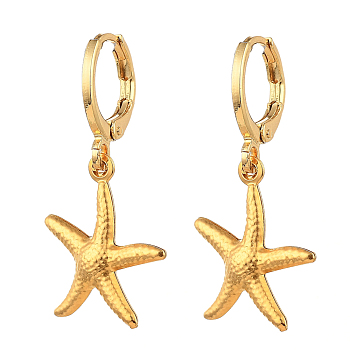 Brass Huggie Hoop Earring, with Sea Star/Starfish 304 Stainless Steel Pendants, Golden, 31mm, Pin: 0.7mm