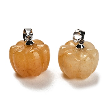 Natural Yellow Aventurine Pumpkin Charms, with Platinum Tone Rack Plating Brass Snap on Bails, Lead Free & Cadmium Free, 13.5x13mm, Hole: 4x3.5mm