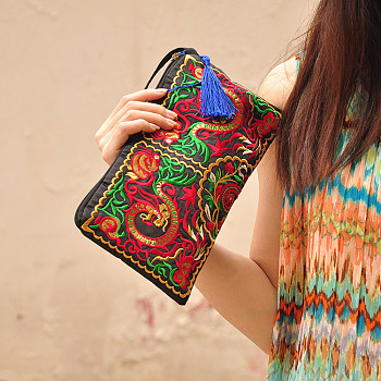 Embroidered Cloth Handbags, Clutch Bag with Zipper, Rectangle with Dargon Pattern, Colorful, 140x270mm