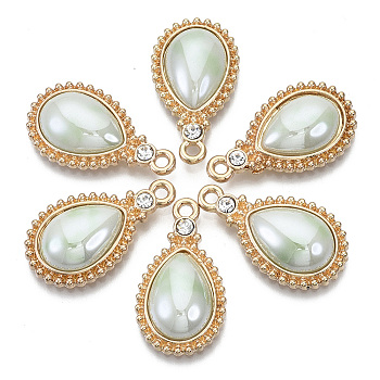 Porcelain Pendants, with Light Gold Plated Brass Findings and Crystal Rhinestone, Teardrop, Honeydew, 24x14x5mm, Hole: 1.8mm