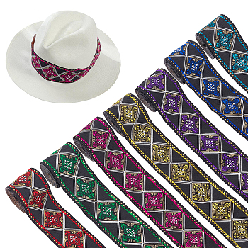 12.25M 7 Colors Ethnic Style Polyester Ribbons, Jacquard Ribbon, Rhombus Pattern, Mixed Color, 1-7/8 inch(49mm), 1.75m/color