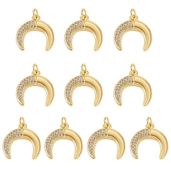 10Pcs Rack Plating Brass Micro Pave Cubic Zirconia Pendants, Real 18K Gold Plated, Long-Lasting Plated, Double Horn/Crescent Moon, Clear, 17x17x3mm, Jump Ring: 5x0.8mm, 3.4mm Inner Diameter