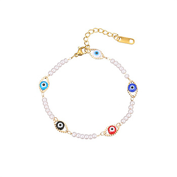 Stainless Steel Enamel Evil Eye Link Chain Bracelets for Women, with Plastic Imitation Pearl Beads, Golden, Colorful, 6-1/4 inch(16cm)