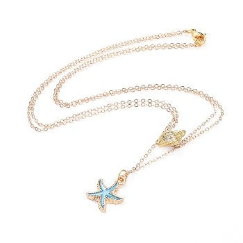 Double Layer Necklaces, with Brass Cable Chains, 304 Stainless Steel Lobster Claw Clasps, Alloy Enamel Pendants and Brass Cubic Zirconia Beads, Starfish/Sea Stars & Conch Shell Shape, with Cardboard Box, Light Sky Blue, 15.75 inch(40cm)